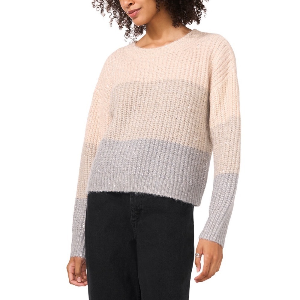 Vince Camuto Serenity Sequin Colorblock Stripe Sweater Cozy Season LARGE